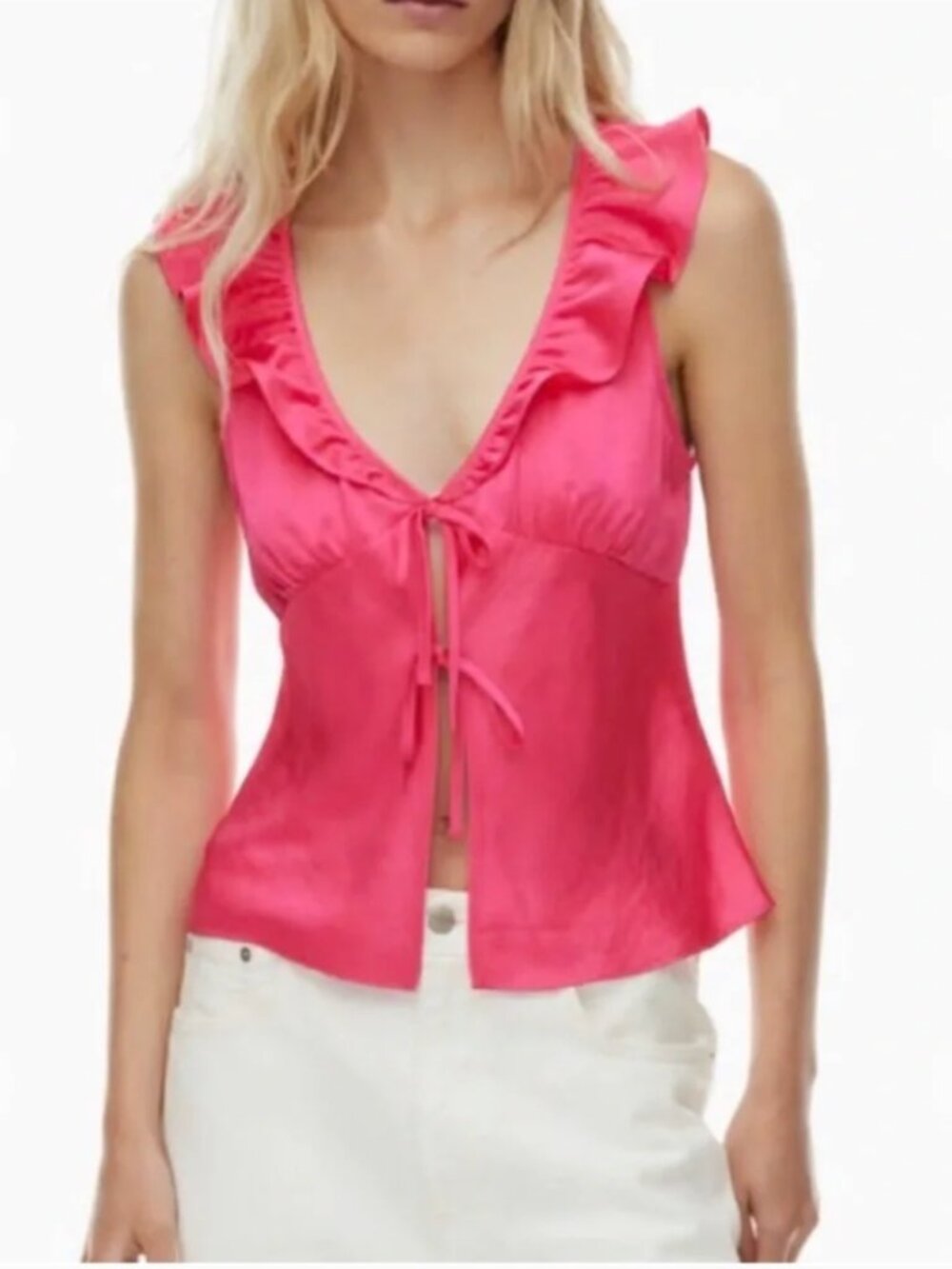 Aritzia Wilfred Tonka Satin Front Tie Ruffle Blouse - Size 2XS